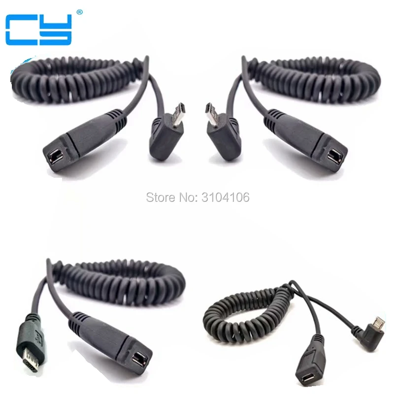 Adaptador macho micro USB de 90 grados a cable de extensión de datos hembra Línea de resorte de ángulo izquierdo negro