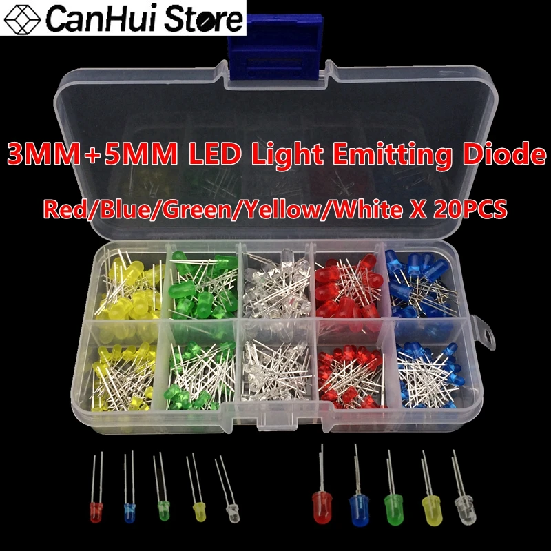 Diodos de colores universales F3 F5, Kit surtido de luces LED, diodo rojo, verde, azul, amarillo y blanco, 3mm + 5mm, 2-3V, 20mA, 200 unids/caja - imagen 2