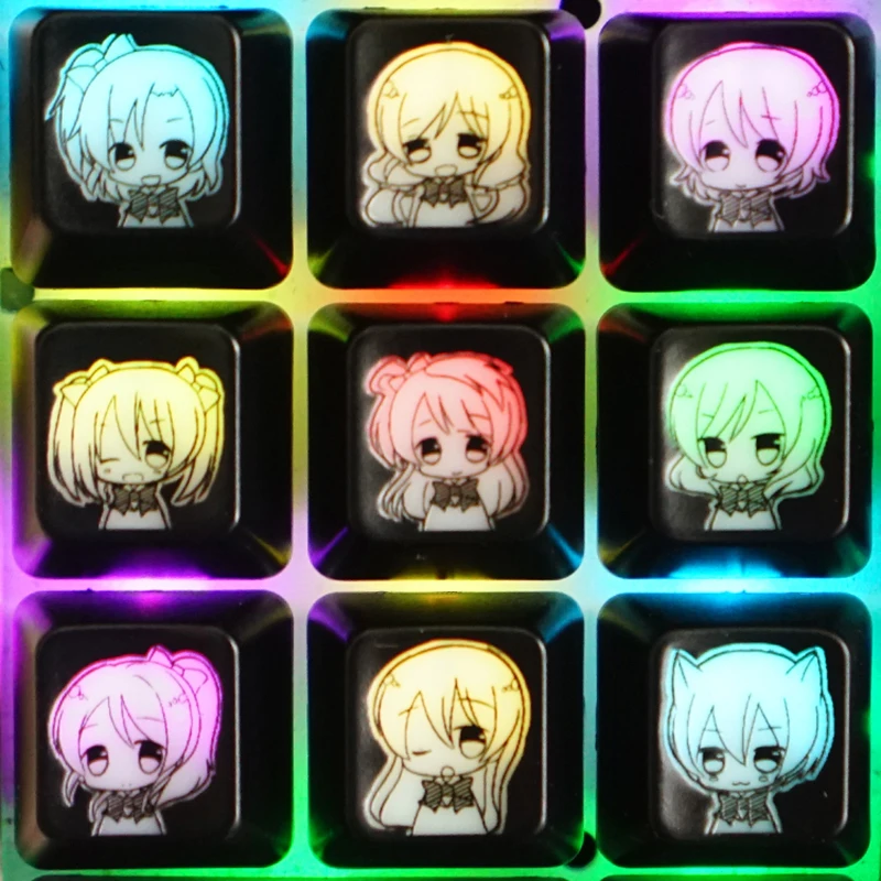 Juego de 9 teclas, tapa de tecla transparente personalizada, personalidad de EE. UU., tema de dibujos animados de Anime, tapa de tecla de teclado mecánico para Lovelive