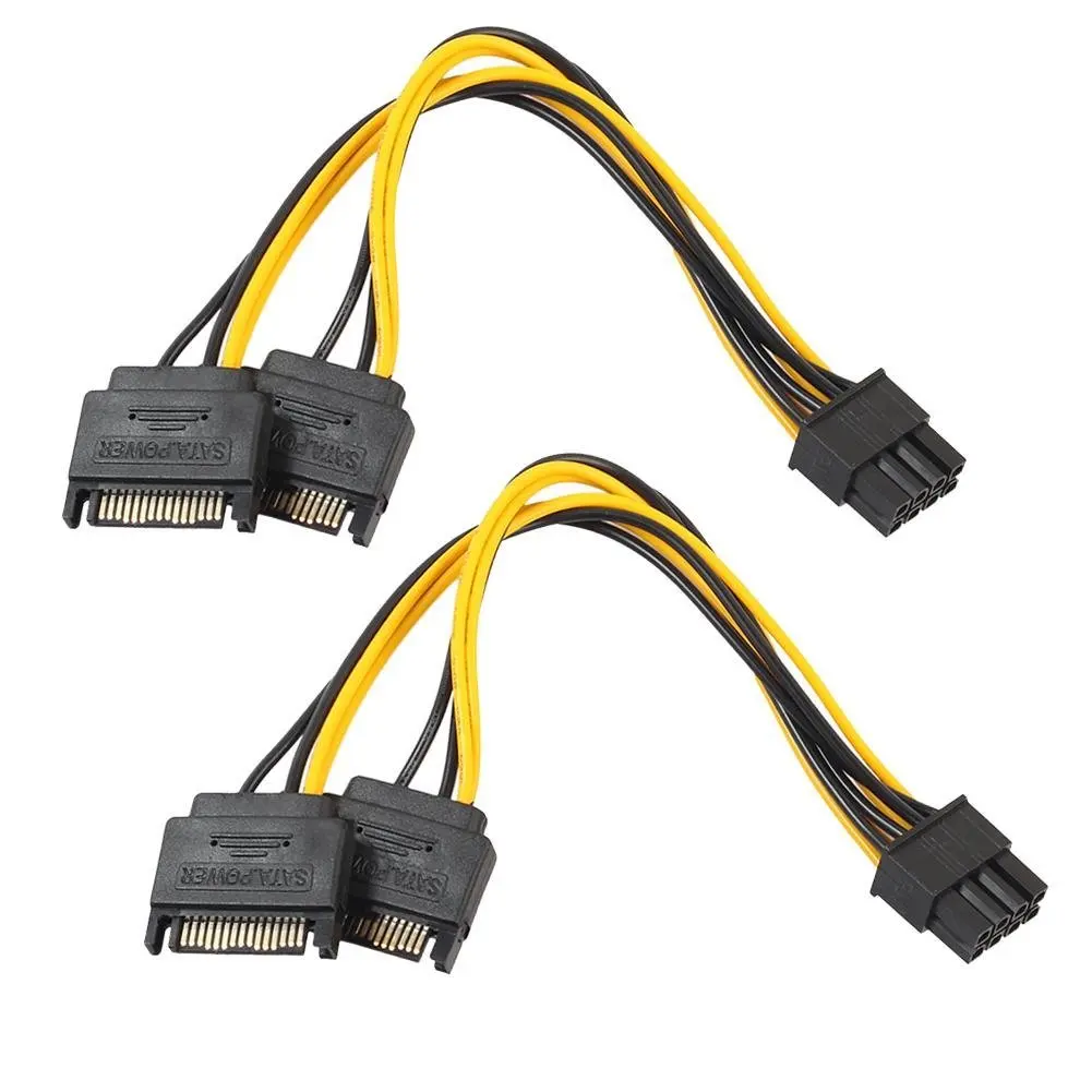 2 uds Dual 15Pin SATA macho a PCIe 8Pin(6 + 2) macho PCI Express PCI-E tarjeta de vídeo adaptador divisor Cable de alimentación