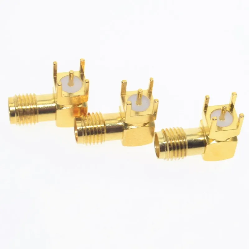 Adaptador de RP-SMA-KWE dorado para montaje en PCB, conector macho de clavija de ángulo recto Coaxial RF SMA, RP-SMA, 10 Uds.
