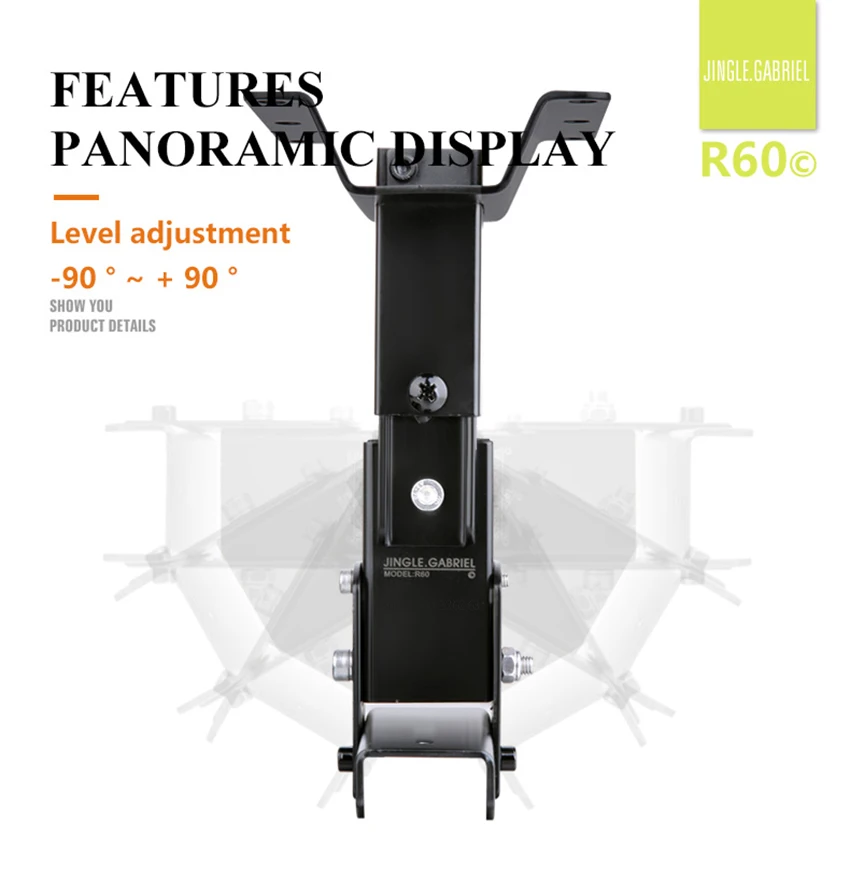 Un producto que parece ser un soporte de exhibición panorámica. Cuenta con un rango de ajuste de nivel de -90° a 90°, lo que indica que la pantalla se puede inclinar en una amplia gama de ángulos.