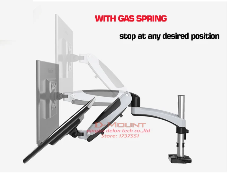 GST112 aluminio 27 "5-16kg 360 girar 2 brazo abrazadera ojal resorte de gas puntal de gas lcd tv monitor pantalla soporte de escritorio con poste - imagen 3