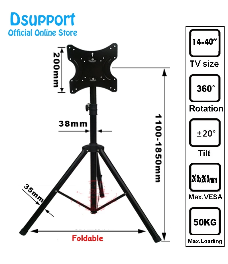 Soporte de suelo para TV LCD, accesorio plegable y movible de 14-40 ", carrito de exhibición, trípode de TV de movimiento completo, carga de 50kg, TRKX22, 1 par