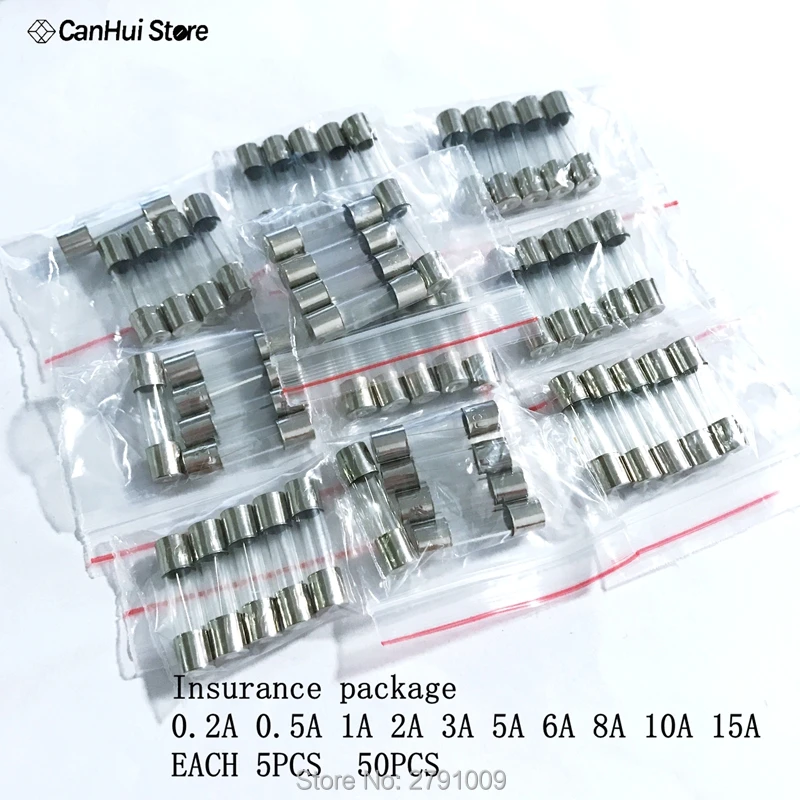 50 unids/lote 10 tipos 5x20mm Kit de fusibles de vidrio rápido en paquete 0.2A 0.5A 1A 2A 3A 5A 6A 8A 10A 15A /250V 5*20 paquete de tubo de seguro