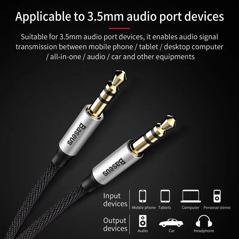 Baseus-Cable auxiliar de Audio macho a macho para Samsung S10, Conector de 3,5mm para altavoz y auriculares de coche, 3,5mm - imagen 2