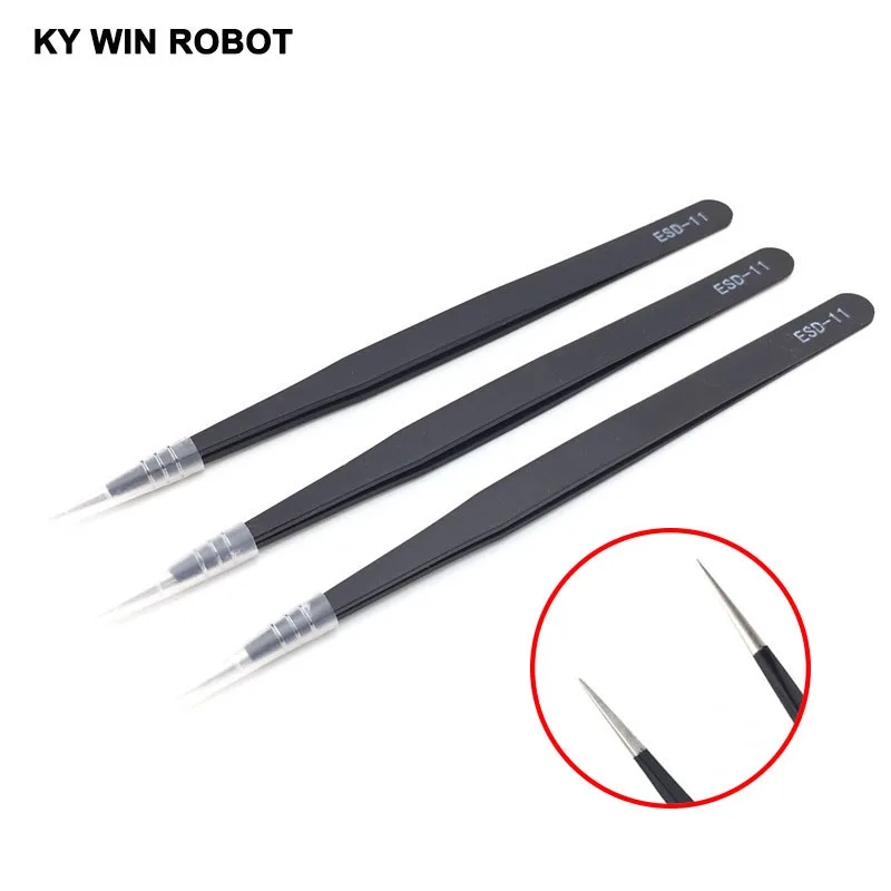 Pinzas de punta recta curvada antiestática, juego de pinzas de soldadura de precisión, herramienta electrónica ESD, 1 ESD-11
