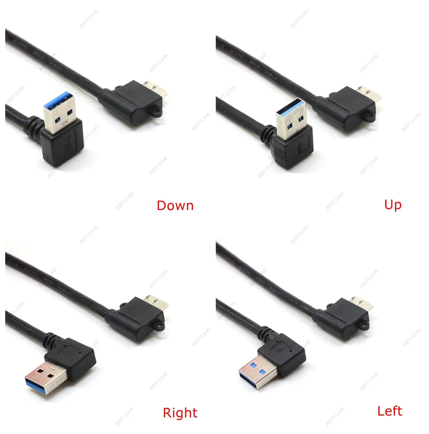 Cable adaptador de codo USB 3,0 negro de 25cm tipo a macho a Micro B conector macho en ángulo izquierdo Compatible con ángulo recto hacia arriba y hacia abajo