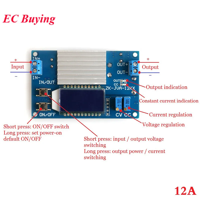 Módulo de fuente de alimentación reductor ajustable, 12A, 160W, DC-DC, pantalla LCD Digital, placa de corriente de voltaje constante, ZK-JVA-12KX