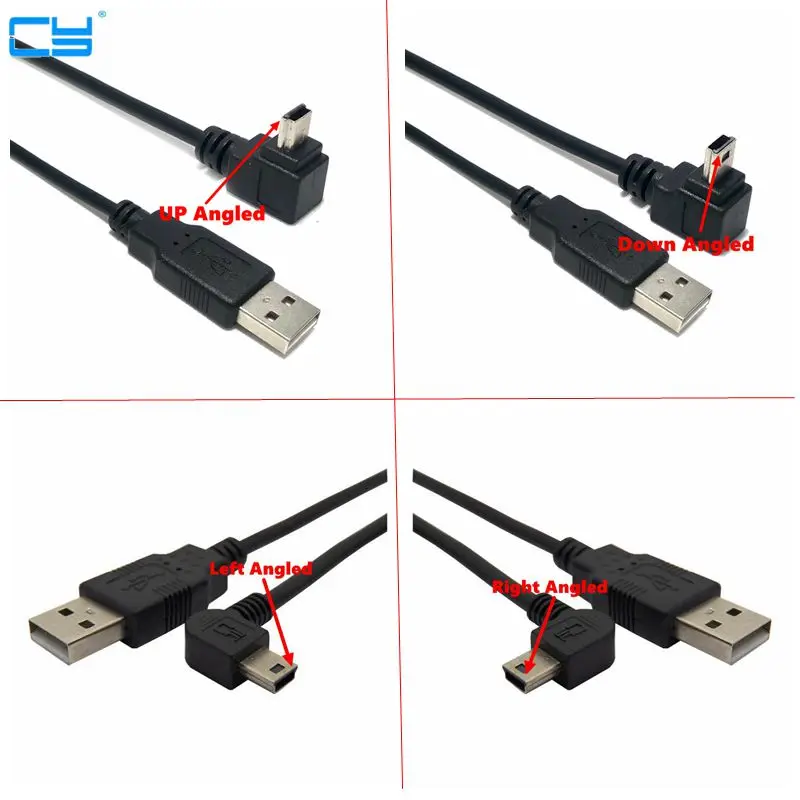 USB 2,0 macho a Mini USB tipo B 5 pines 90 grados arriba, abajo, izquierda y derecha Cable de datos macho en ángulo 0,25 m/0,5 m/1,8 m/5m
