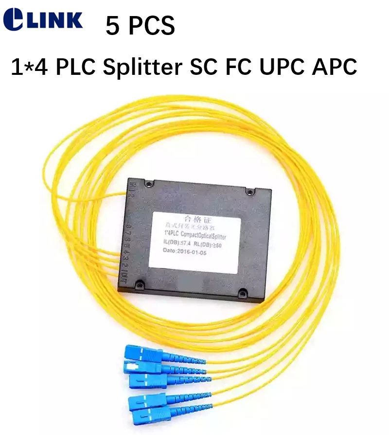 Divisor óptico PLC 1*4 caja ABS SC FC UPC APC conector 1m amarillo 2,0mm 3,0mm cable ftth acoplador 100*80*10mm fábrica ELINK 5 uds