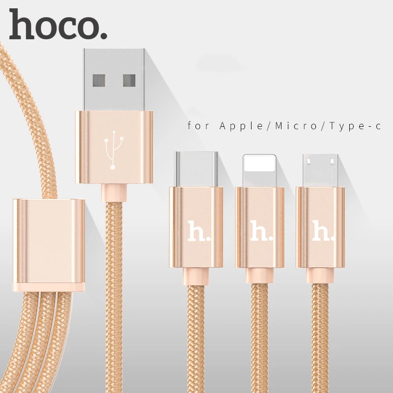 HOCO-Cable de datos de carga de Metal, Cable de nailon para enchufe de Apple, iPhone, iPad, Micro USB tipo C, Samsung, Xiaomi, Cable 3 en 1, 2 en 1