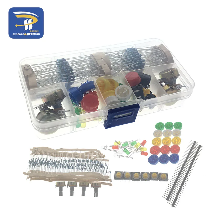 Paquete de piezas genéricas, Kit de resistencia portátil práctico para Arduino Starter, Kit de bricolaje UNO R3, potenciómetro LED, Interruptor táctil, cabezal de pin