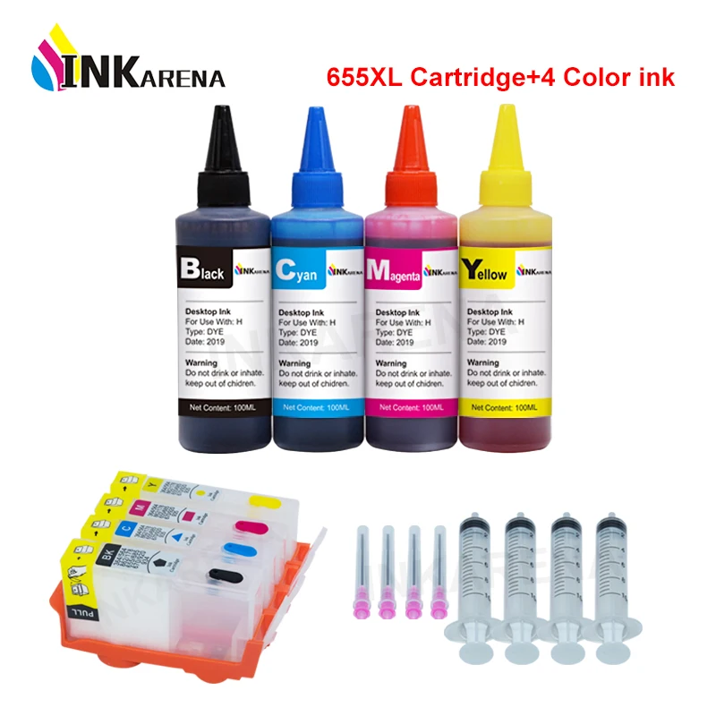 INKARENA-cartucho de tinta recargable 655XL para impresora HP 655, recambio de tinta recargable Deskjet advantage 4625, 4615, 3525, 5525, 4 botellas