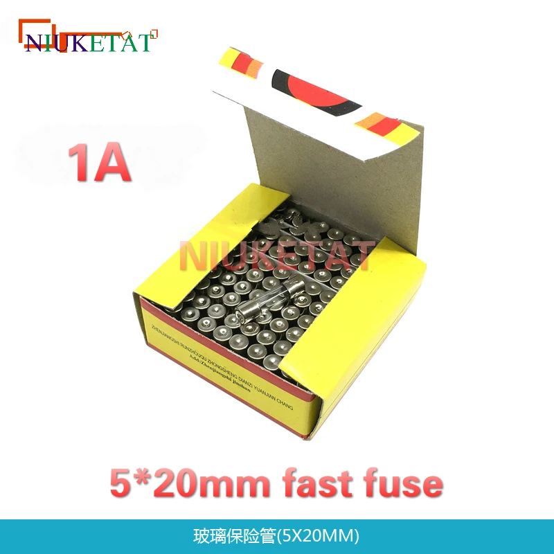 100 unids/caja 5*20mm 1A 250V fusible rápido 5*20 F1A 1000mA 250V fusible de vidrio 5mm * 20mm