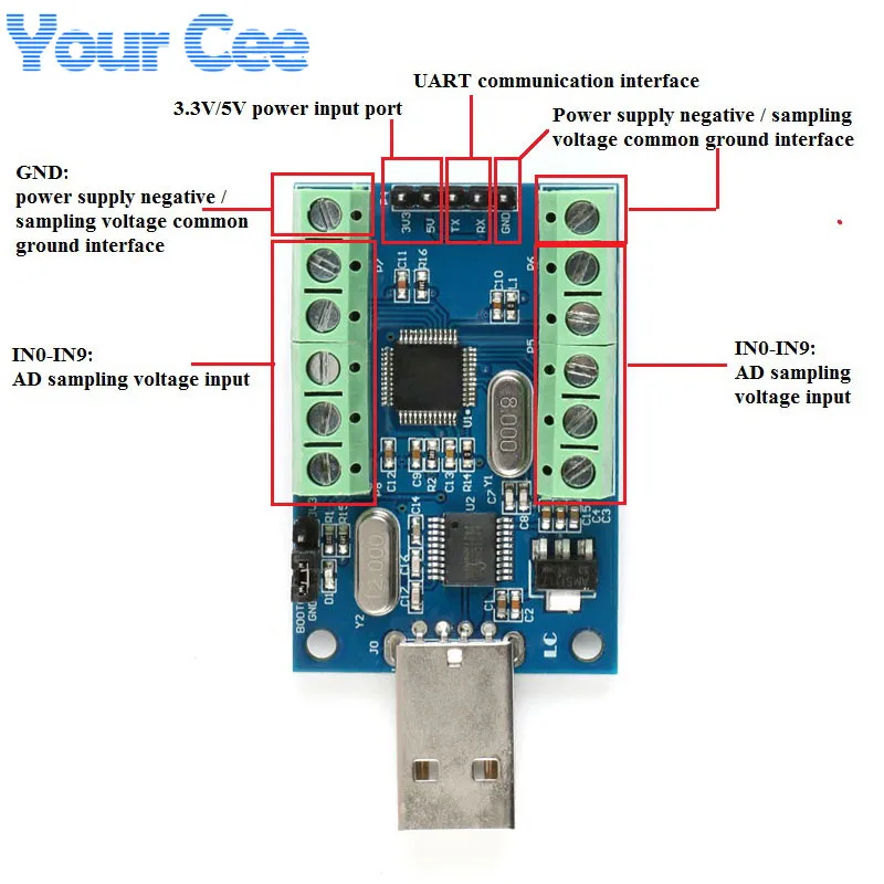 STM32F103C8T6 Interfaz USB 10 canales 12 bits AD Adquisición de datos de muestreo Módulo ADC de comunicación UART STM32 - imagen 2