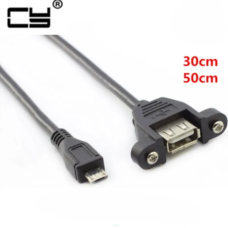 Cable de extensión Micro B macho de 5 pines A USB A 2,0 hembra, Tornillo de montaje en Panel, oreja de 30cm /50cm, Cable con orificios para tornillos, línea deflectora