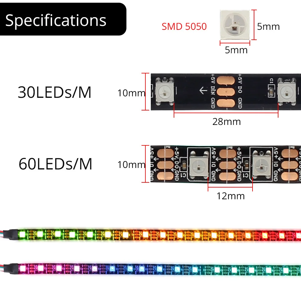 Excellux-tira de luces LED digitales, 5M, WS2812, WS2812B, 5050 RGB, 30/60LED, DC5V, WS2812, PCB Blanco/Negro, resistente al agua - imagen 3
