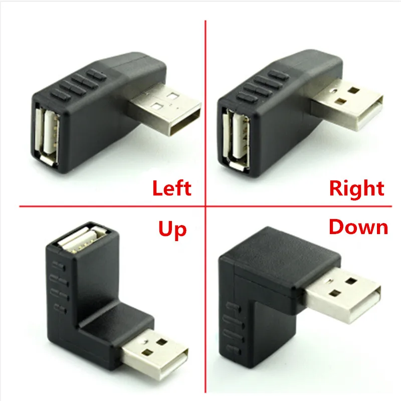 90 grados izquierda/derecha/arriba/abajo ángulo L flexión USB 2,0 A macho a hembra adaptador conector de extensión para ordenador portátil