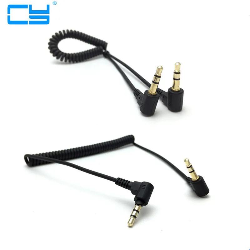 Cable de Audio estéreo de 90 grados, 3,5mm, doble ángulo recto, macho a macho, con forma de resorte de estiramiento