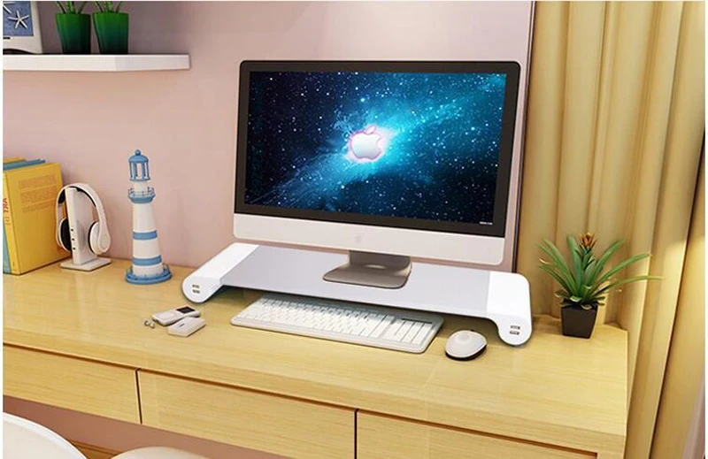 Soporte de aluminio para Monitor de escritorio, barra espacial antideslizante, elevador de escritorio con cargador USB de 4 puertos para iMac, MacBook Pro, Air - imagen 3