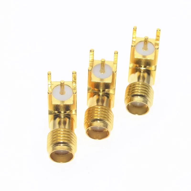 Adaptador de RP-SMA-KWE dorado para montaje en PCB, conector macho de clavija de ángulo recto Coaxial RF SMA, RP-SMA, 10 Uds. - imagen 3