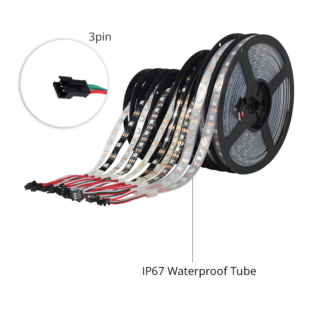 Excellux-tira de luces LED digitales, 5M, WS2812, WS2812B, 5050 RGB, 30/60LED, DC5V, WS2812, PCB Blanco/Negro, resistente al agua - imagen 4