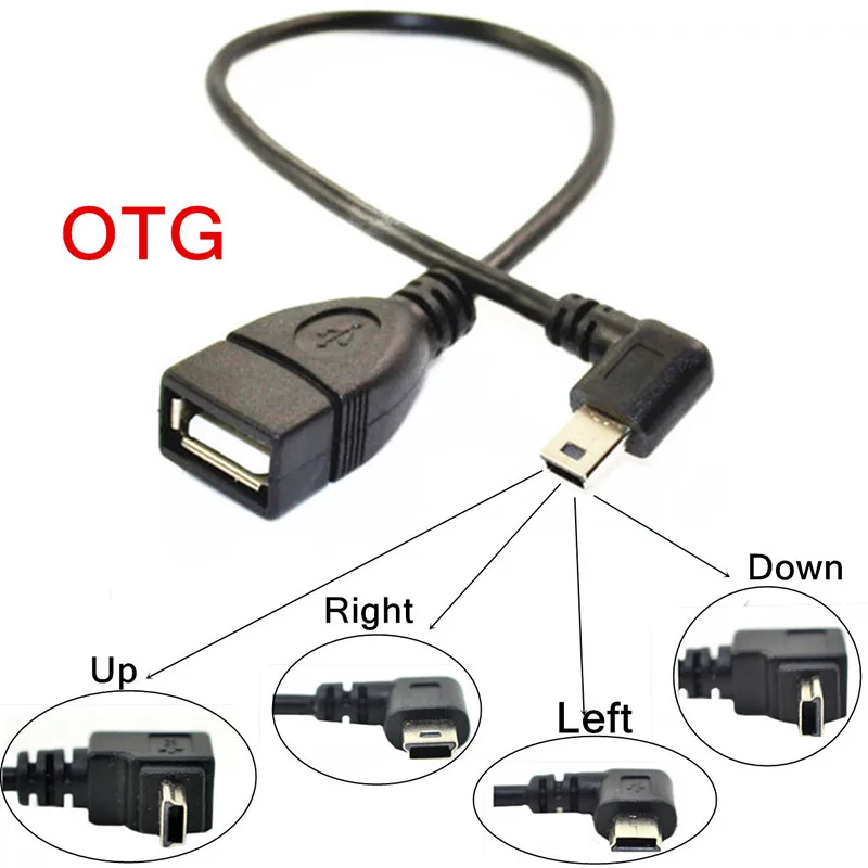 Mini adaptador USB 5P macho a OTG hembra para coche, Cable de datos para cámara de vídeo, Audio, tableta, CD, GPS, XR649, 90 grados, derecho, izquierdo y arriba