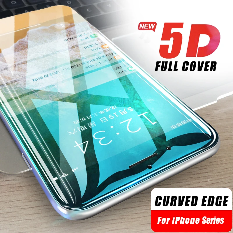 Protector de pantalla de vidrio templado curvo 5D para iPhone, cubierta completa, 9H, X, XR, XS, 11, 12, 13, Mini, 14, 15 Pro Max, 6, 7, 8 Plus, SE, 1 a 2 unidades, 2020