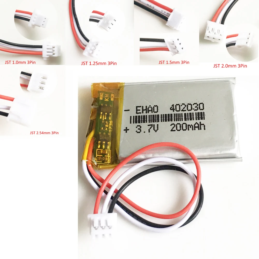 3.7V 200mAh LiPo Rechargeable Battery 402030 + JST 1.0/1.25/1.5/2.0/2.54mm 3pin Plug For Handheld GPS Mp3 GPS Bluetooth Recorder