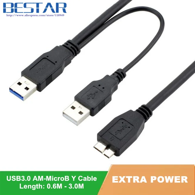 Cable Y para disco duro externo USB 3.0 Micro B negro con cable de alimentación USB: múltiples opciones de longitud de 1,0 m a 10 pies
