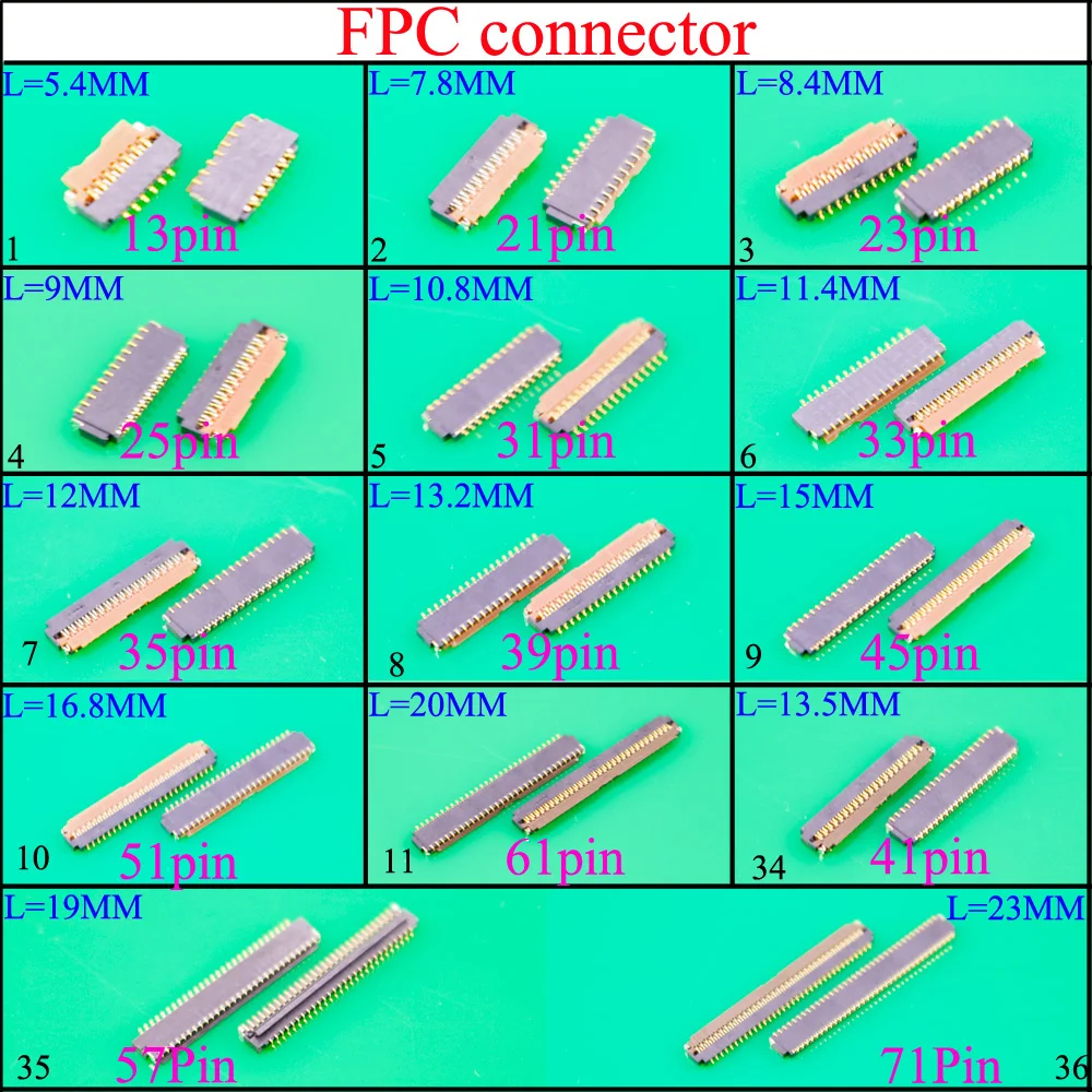 Conector FPC para placa base, puerto para pantalla de visualización de 13, 21, 23, 25, 31, 33, 35, 39, 45, 51, 61, 41, 57, 71 pines
