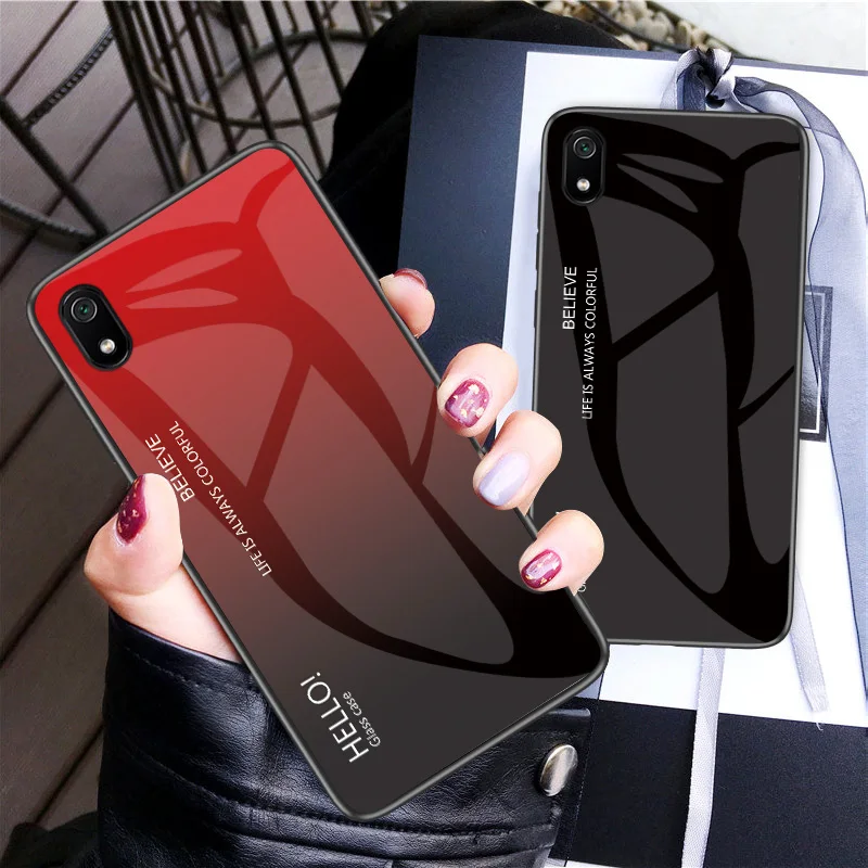 Funda de vidrio templado para Xiaomi Redmi 7A, carcasa trasera protectora de lujo con gradiente, a la moda - imagen 2