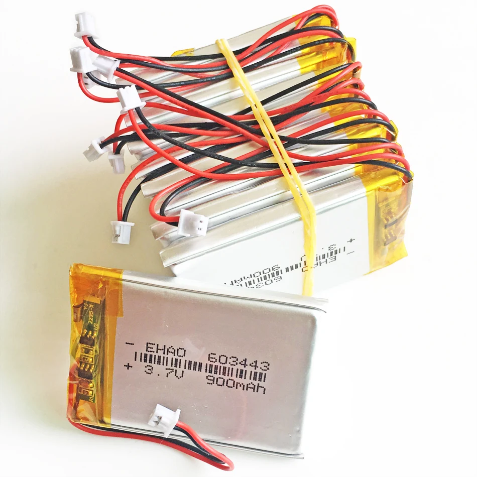 10 pilas recargables LiPo de 3,7 V y 900 mAh. 603443   + Conector JST de 1,25 mm y 2 pines para grabadora Bluetooth con altavoz Mp3 GPS PSP