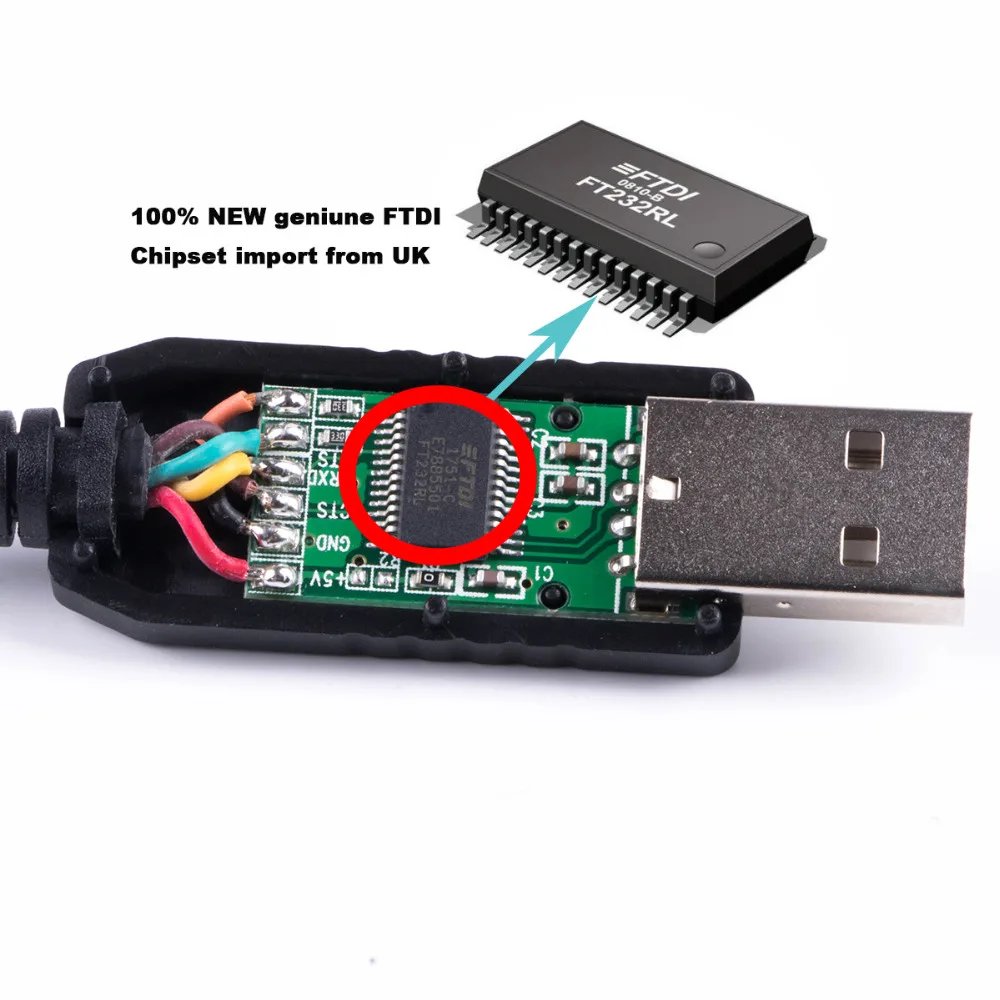 Detalle del conector USB y el chip FTDI del adaptador serial TTL-232R-3.3v-AJ