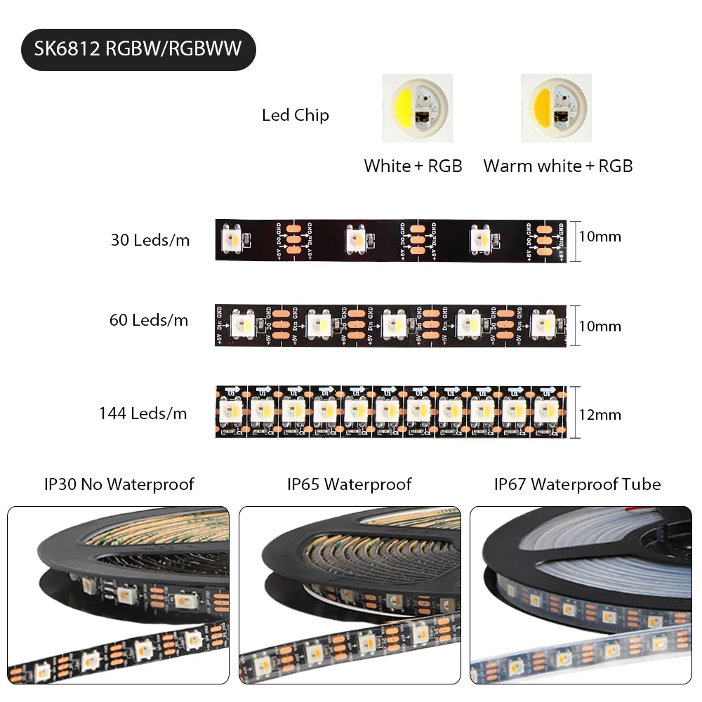 Tira de LED de píxeles direccionable WS2812 WS2812B 5050 RGB RGBW RGBWW 30/60/144LEDs DC5V SK6812 tira de píxeles LED Digital PCB blanco/negro - imagen 3