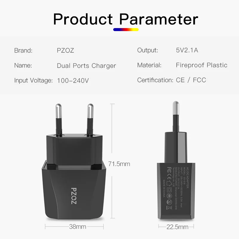 PZOZ-cargador Usb de viaje con enchufe europeo, adaptador de carga rápida 2a, cargador de pared Dual portátil, cable de teléfono móvil para iphone, Samsung y xiaomi - imagen 5