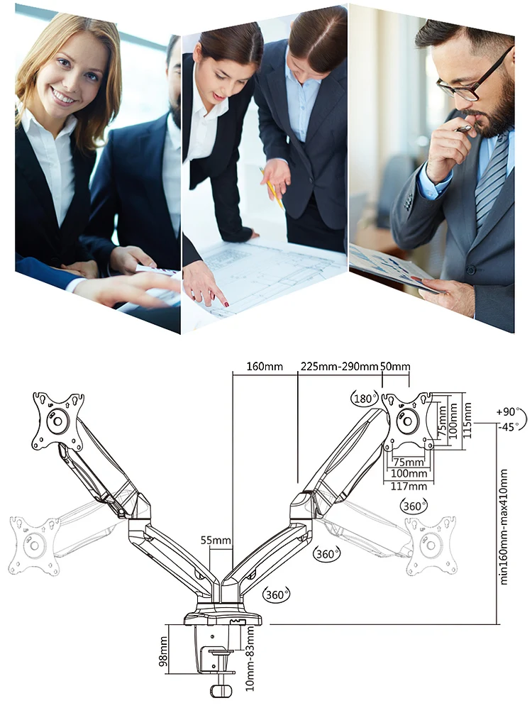 DL-LDT13-2A Abrazadera con ojal de 17-27 ", Monitor doble LCD, soporte de escritorio, brazo, resorte de gas, montaje de TV de movimiento completo, carga de 2-6,5 kgs - imagen 4