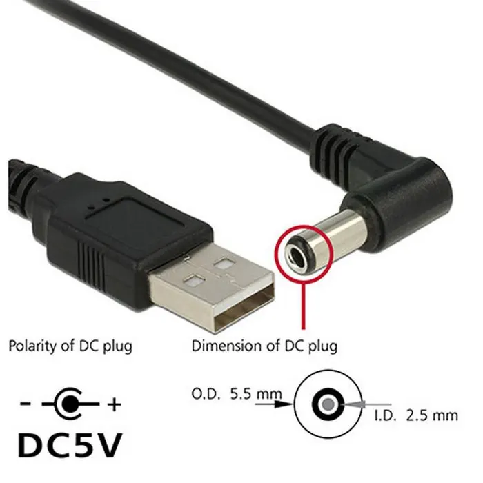 80cm USB 2,0 A tipo macho A ángulo recto 90 grados 5,5x2,5mm DC 5V enchufe de alimentación barril conector Cable de carga