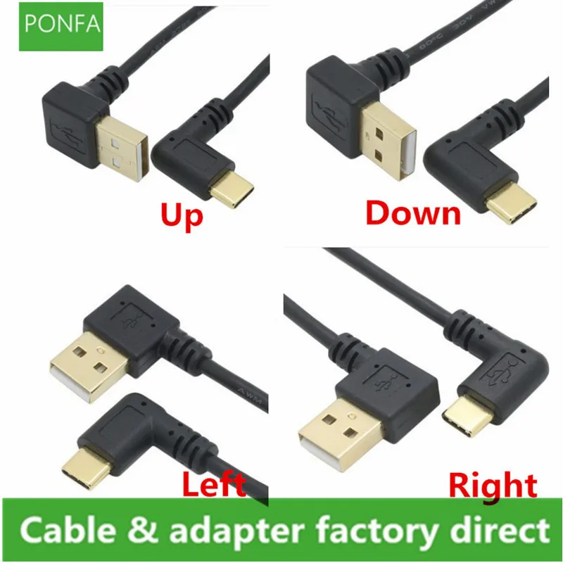 Cable de carga de sincronización de datos USB 2,0 A macho, convertidor macho de 90 grados arriba abajo, codo izquierdo y derecho A USB 3,1 tipo C