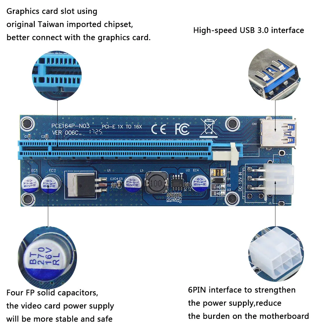 Tarjeta elevadora PCI-E, Cable de alimentación PCI E Express 1X a 16X, USB 3,0, PCI-E, SATA a 6Pin, para minería de Bitcoin BTC, Antminer - imagen 2