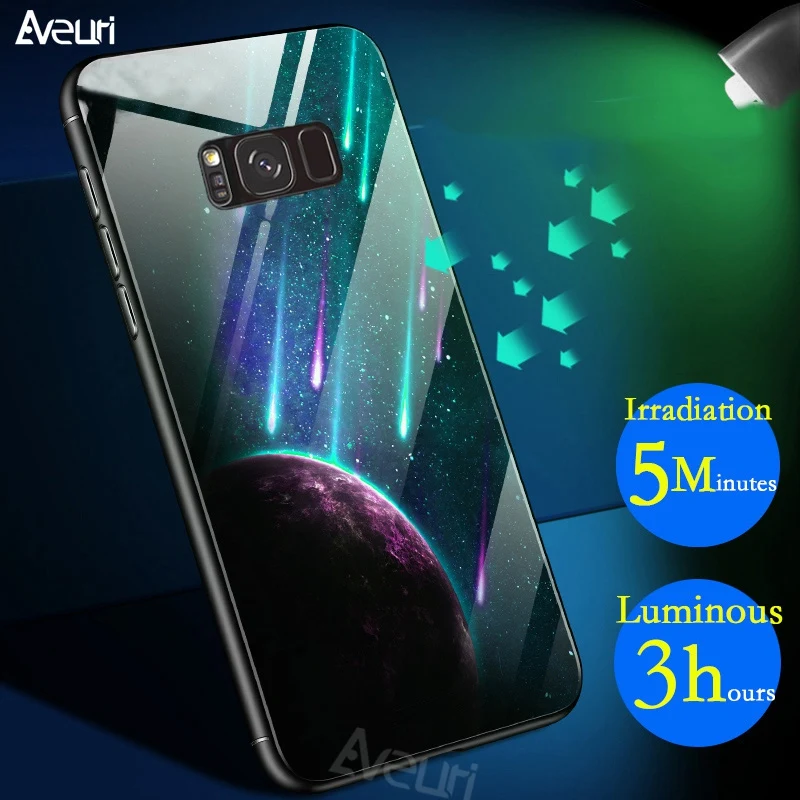 Funda de vidrio templado luminoso para Samsung Galaxy S8, S9, S10 Plus, Note 10 Plus, cubierta trasera, protección a prueba de golpes, funda de teléfono Coque - imagen 3