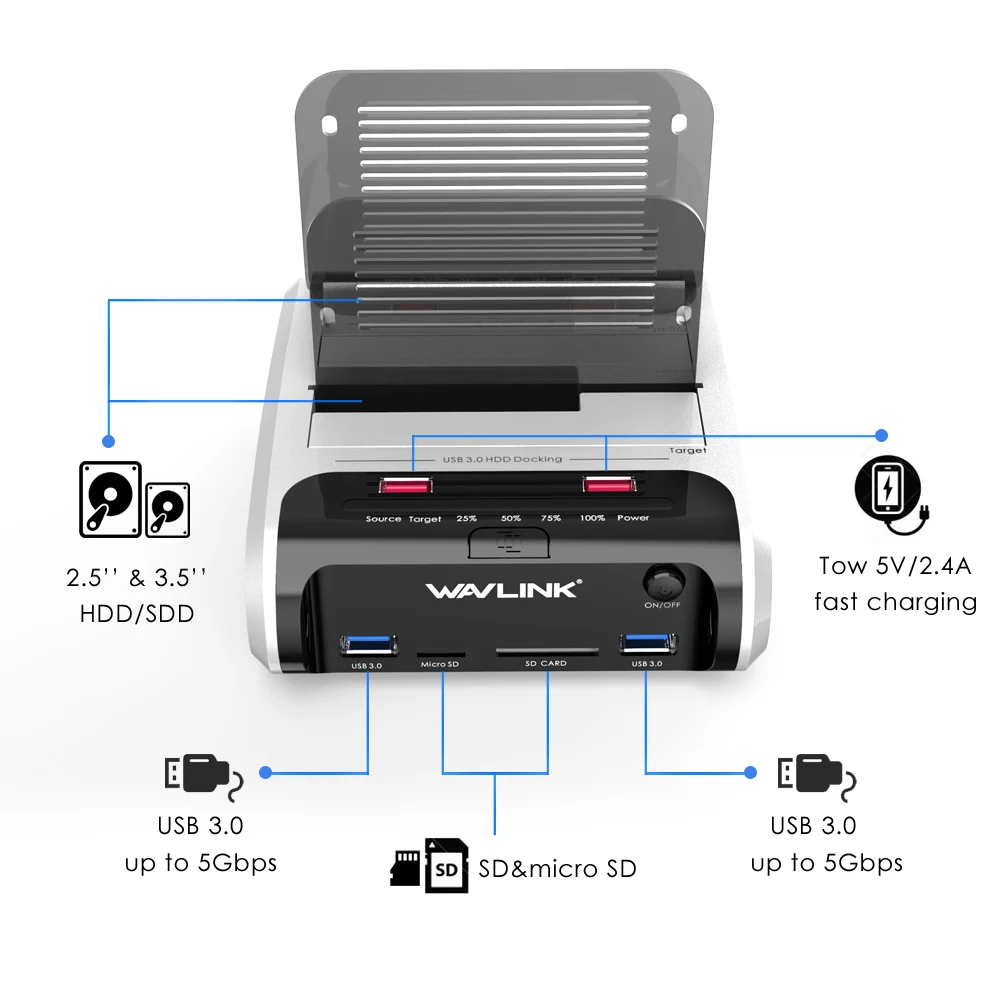 Wavlink-disco duro externo SATA HDD de 2,5 "y 3,5", estación de acoplamiento USB 3,0, lector de tarjetas clon sin conexión de 5Gbps para carcasa de disco duro - imagen 2