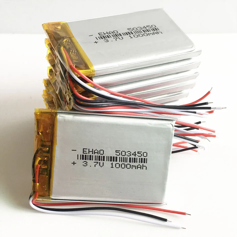 Lote de 10 baterías recargables LiPo de 3,7 V y 1000 mAh. 503450 con 3 cables para grabadora de cámara Mp3 DVD PAD altavoz para teléfono móvil