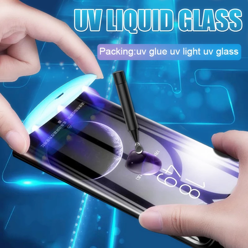 2 uds UV líquido pegamento completo vidrio templado para Samsung Galaxy S23 S22 S21 S20 S10 S9 S8 Note 8 9 10 20 Plus Ultra Protector de pantalla - imagen 3