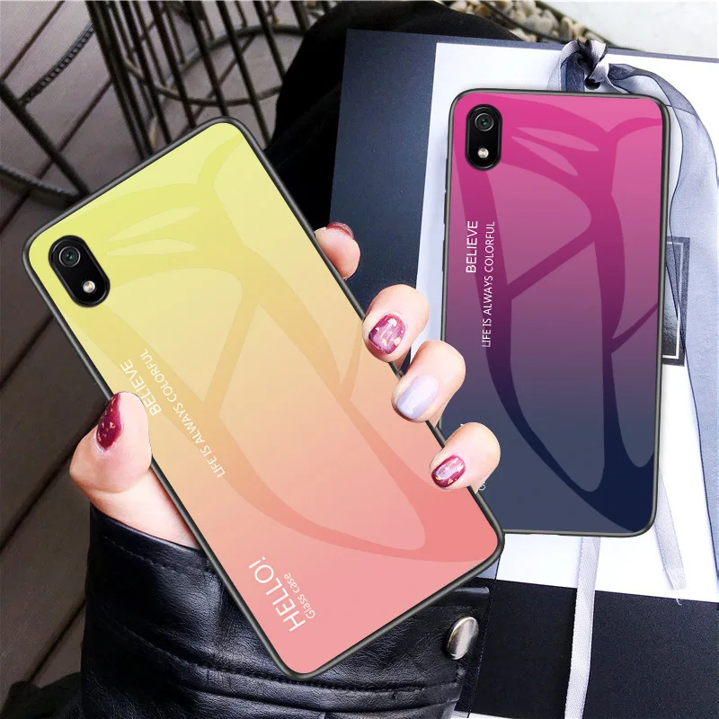 Funda de vidrio templado para Xiaomi Redmi 7A, carcasa trasera protectora de lujo con gradiente, a la moda