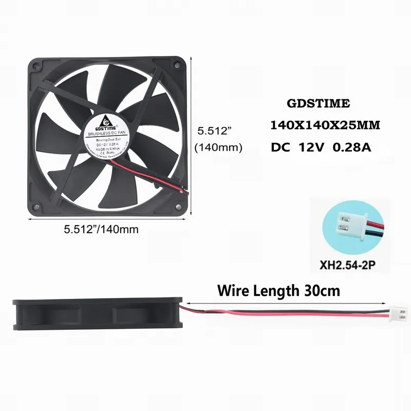 Gdstime-ventilador de refrigeración sin escobillas para ordenador, caja de ordenador de alta velocidad con rodamiento de bolas de 14cm, CC de 12V, 140x140x25mm, 2 pines, 14025B, 5 uds. - imagen 2