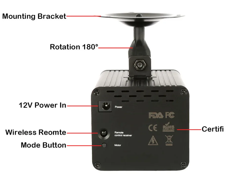 Una caja negra con un soporte de montaje y un ventilador giratorio