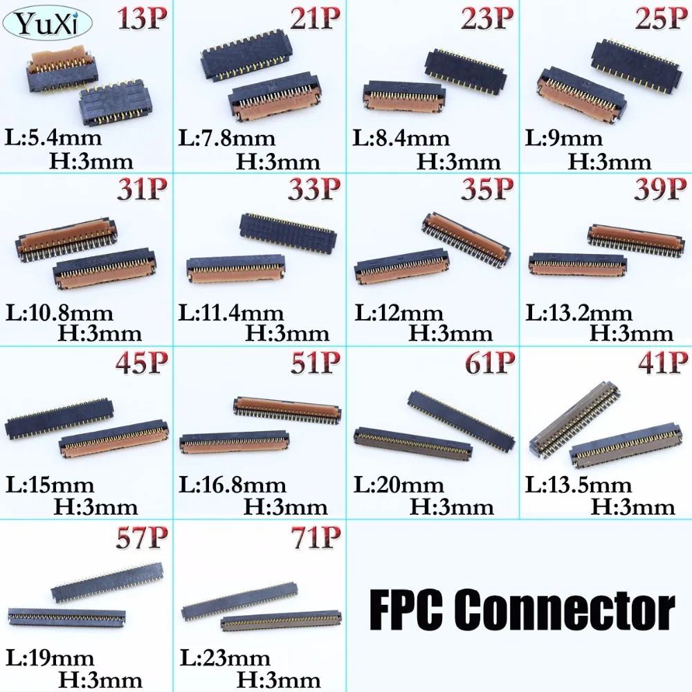 YuXi 2 unids/lote pantalla LCD conector FPC 13/21/23/25/31/33/35/39/45/51/61/41/57/71 pines lógica en la placa base