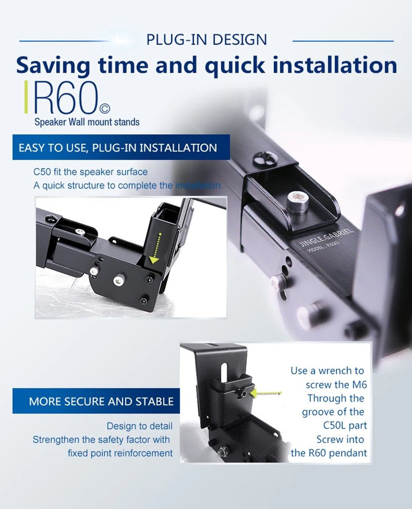 Anuncio de producto para un soporte de montaje en pared para altavoz. El soporte está diseñado para una fácil instalación, como lo indica el texto DISEÑO ENCHUFABLE y AHORRO DE TIEMPO E INSTALACIÓN RÁPIDA.